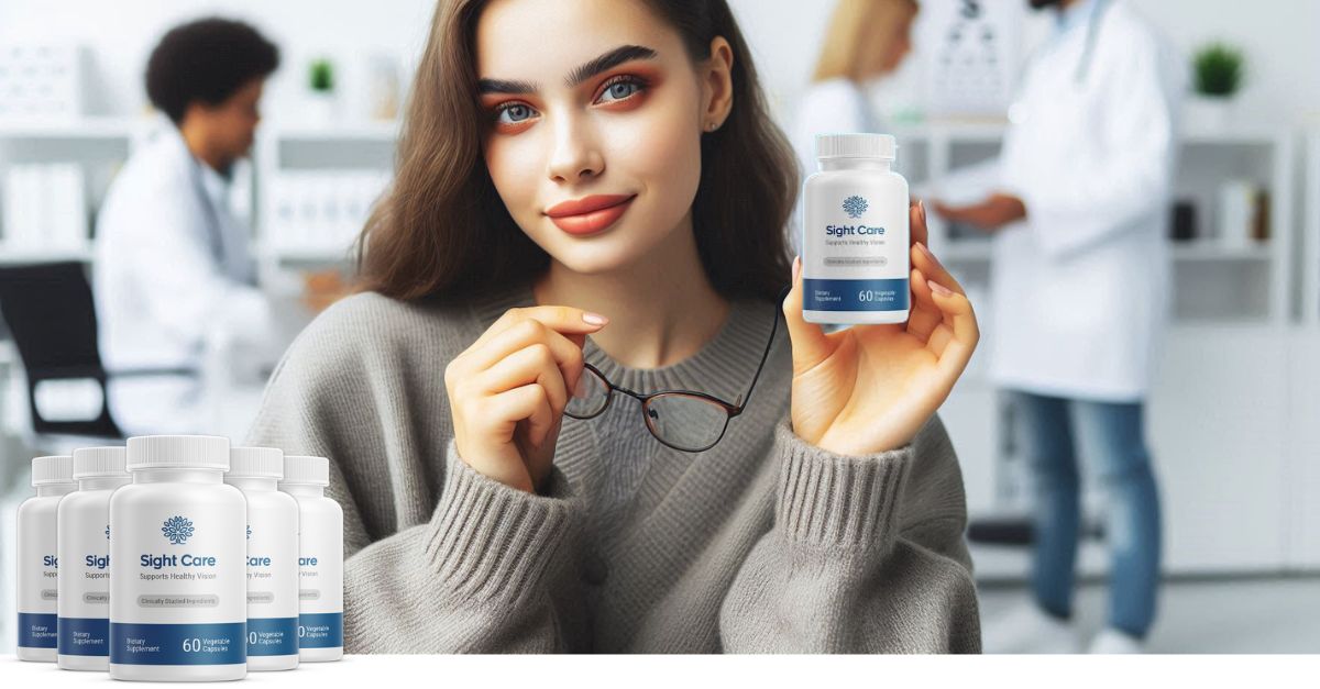 a women holding a SightCare pills bottle for promotion