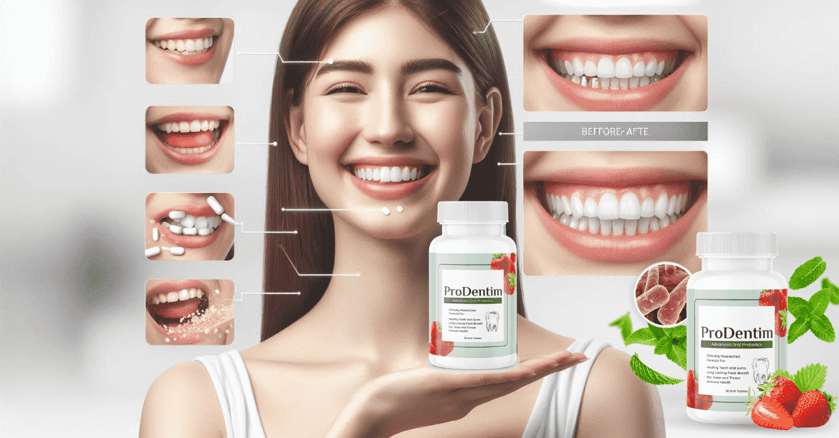 Happy person with a bright smile holding ProDentim oral probiotic supplement.